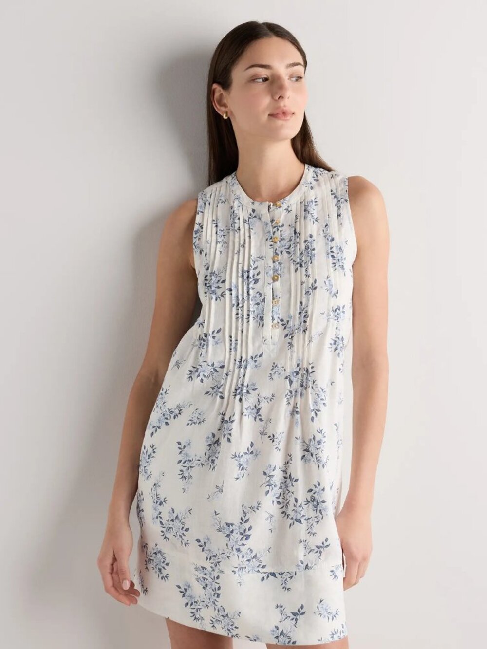 Quince Blue Floral 100% Linen Sleeveless Dress White Size S